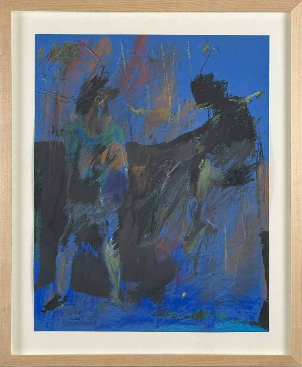 Stanley BoxerUntitled Figure Study (1D-60), abstract figurative study, two figures sitting, on blue paper, shades of brown, black, yellow and orange