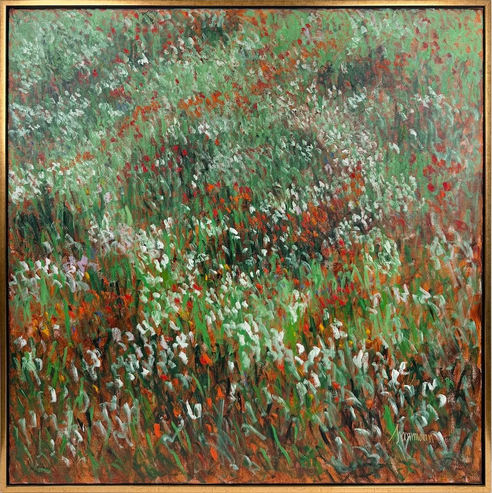 Samir Sammoun, Printemps, Blanc et Rouge, framed, impressionist oil painting of green grassy field with red and white flowers