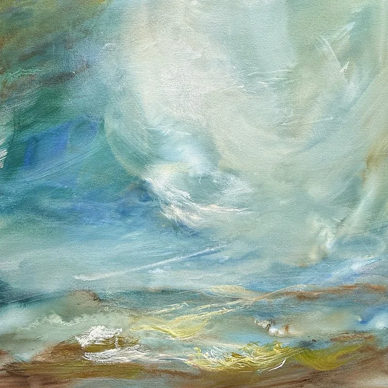 Kathy Buist Born on the Breeze, abstract landscape with blue green ocean colors and brown green bottom