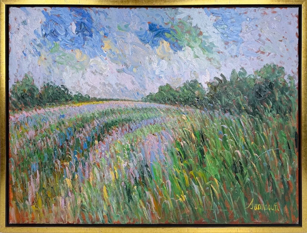 Samir Sammoun  Champ de Lupins, Laprairie, framed, impressionist oil painting of a flower field in Laprairie
