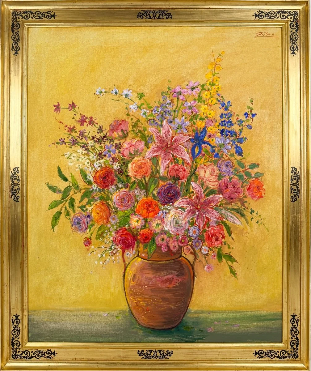 Bruno Zupan Bouquet in Copper Pot, impressionist oil painting of a colorful bouquet of flowers in a copper pot with a gold yellow background on green ground