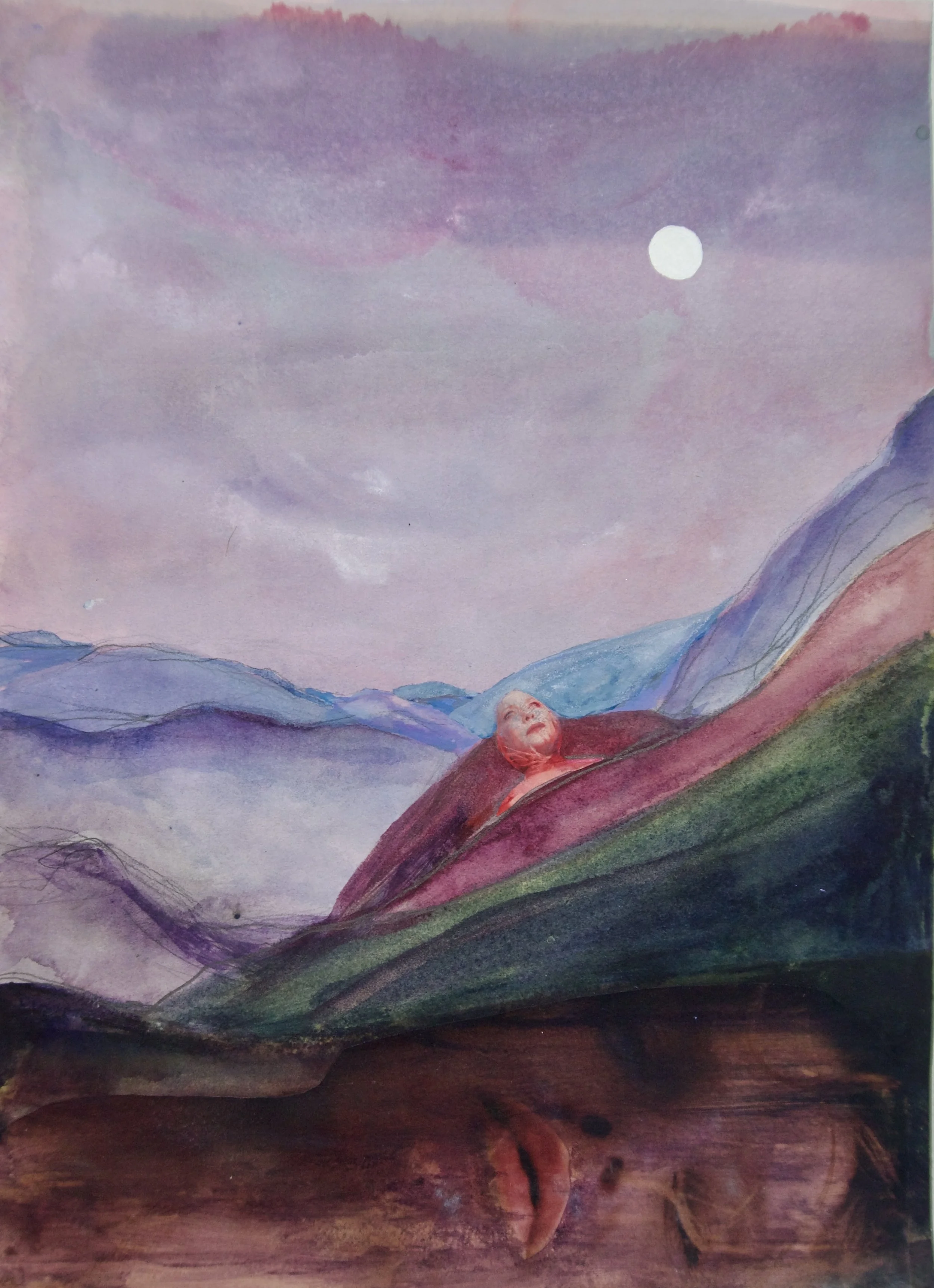 Natasha Zupan Afterglow #47, purple and pink watercolor hillside landscape with collage images of women faces