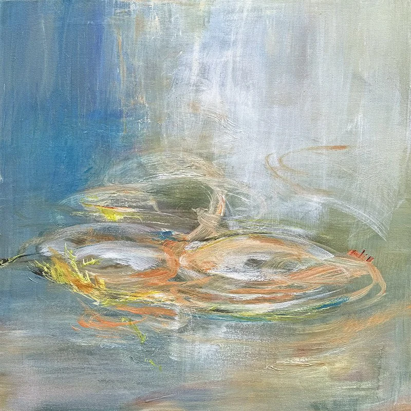 Kathy Buist Little Bit of Floating, abstract mixed media painting of water impression of rain drops
