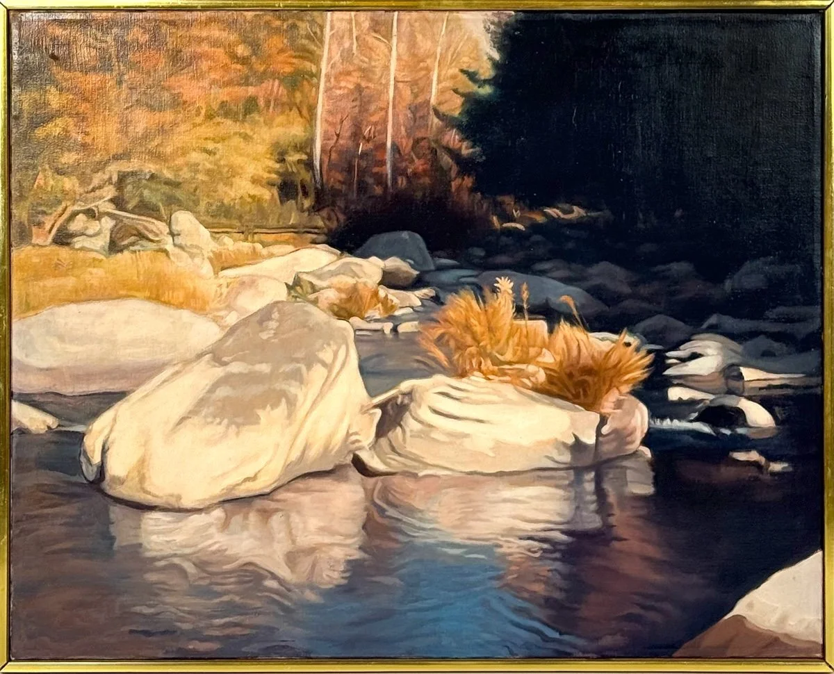 Ralph Wickiser Reflections, view of a rocky river with trees behind, strong shadows, tones of oranges, browns, whites, blacks, creams, blues