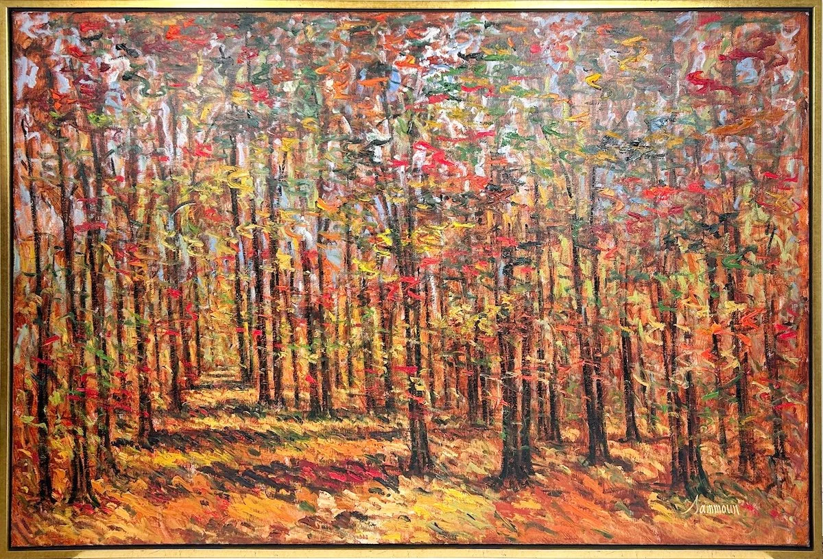 Samir Sammoun  Walking with Giants, impressionist style oil painting of a forest in autumn with orange yellow and red leaves