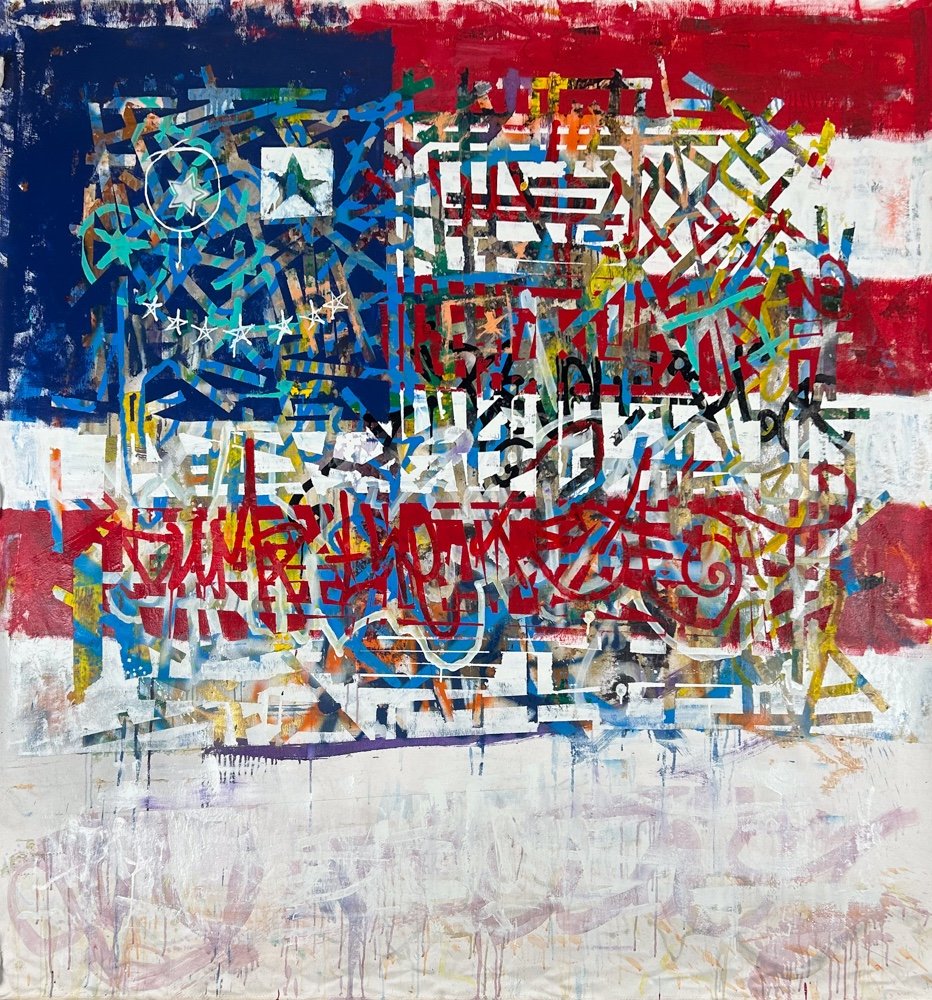 Sen-1 Dump the Tea, abstract graffiti painting of the American flag