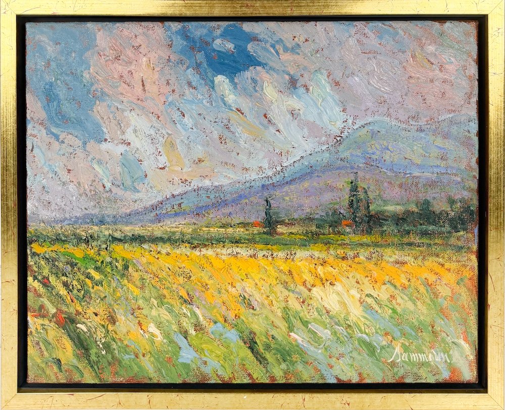 Samir Sammoun  Wheat Field, Bekaa Valley, framed, impressionist oil painting of a yellow wheat field in Bekka Valley