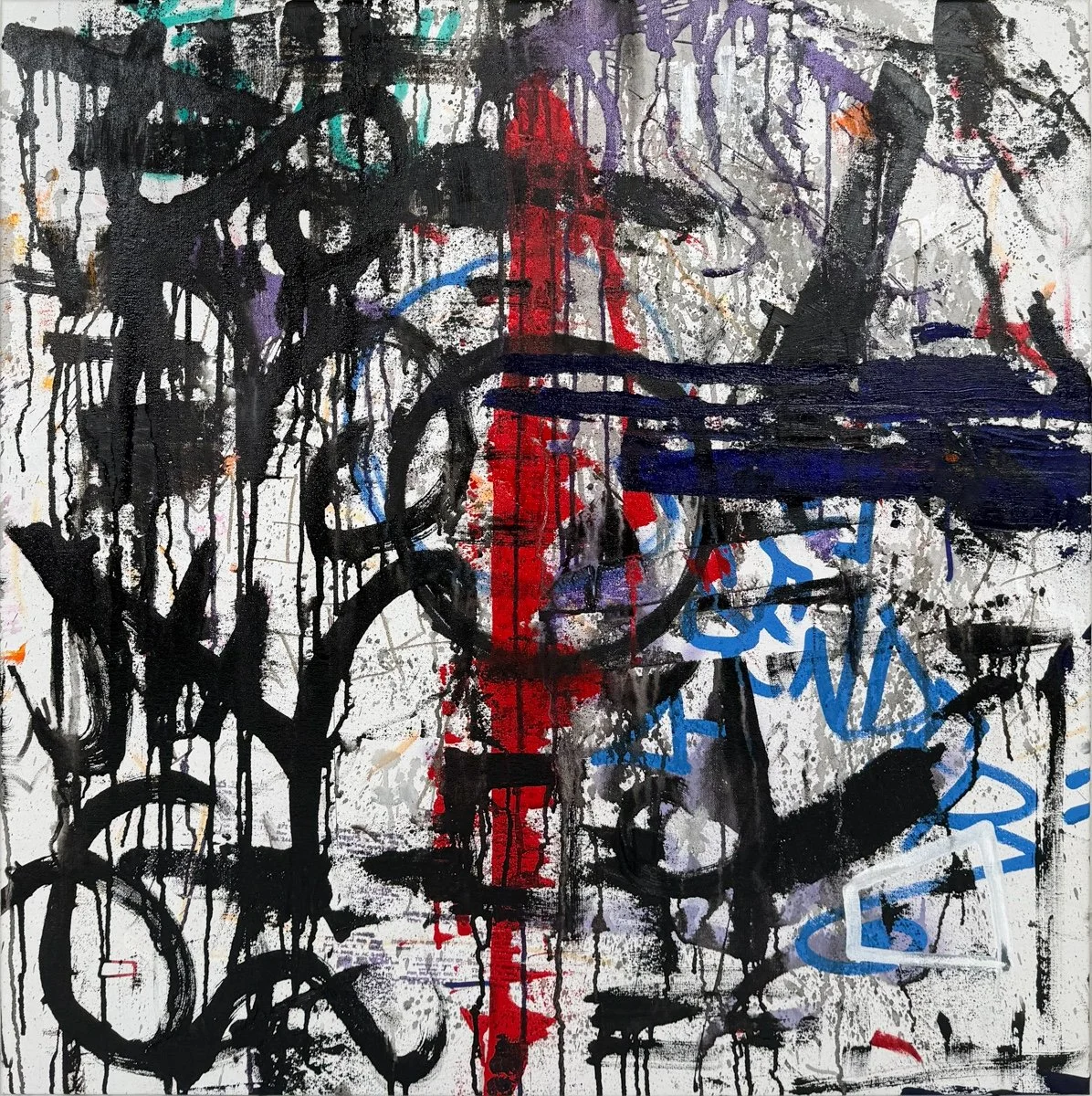 SEN-1 COSMOS, abstract graffiti painting in black and white, strokes and drips, with pops of red, blue and purple