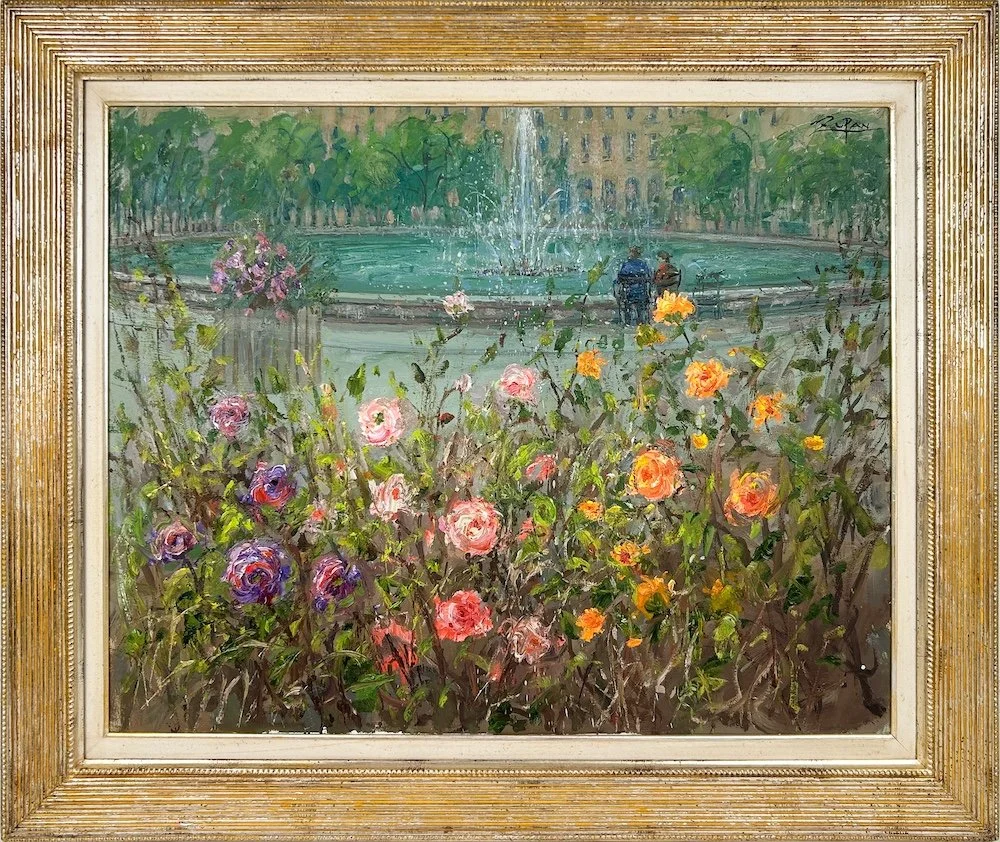 Zupan - Fountain in Garden of Palais Royal Paris - Oil painting of flowers and fountain in gold frame