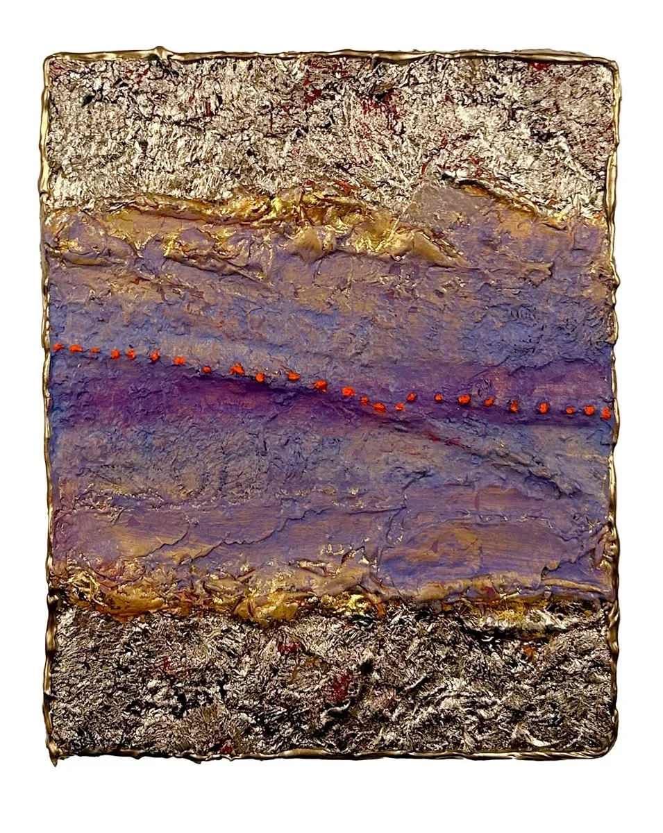 Natasha Zupan - Afterglow #30, mixed media collage in gold leaf with a purple band in center and little red dots in a line