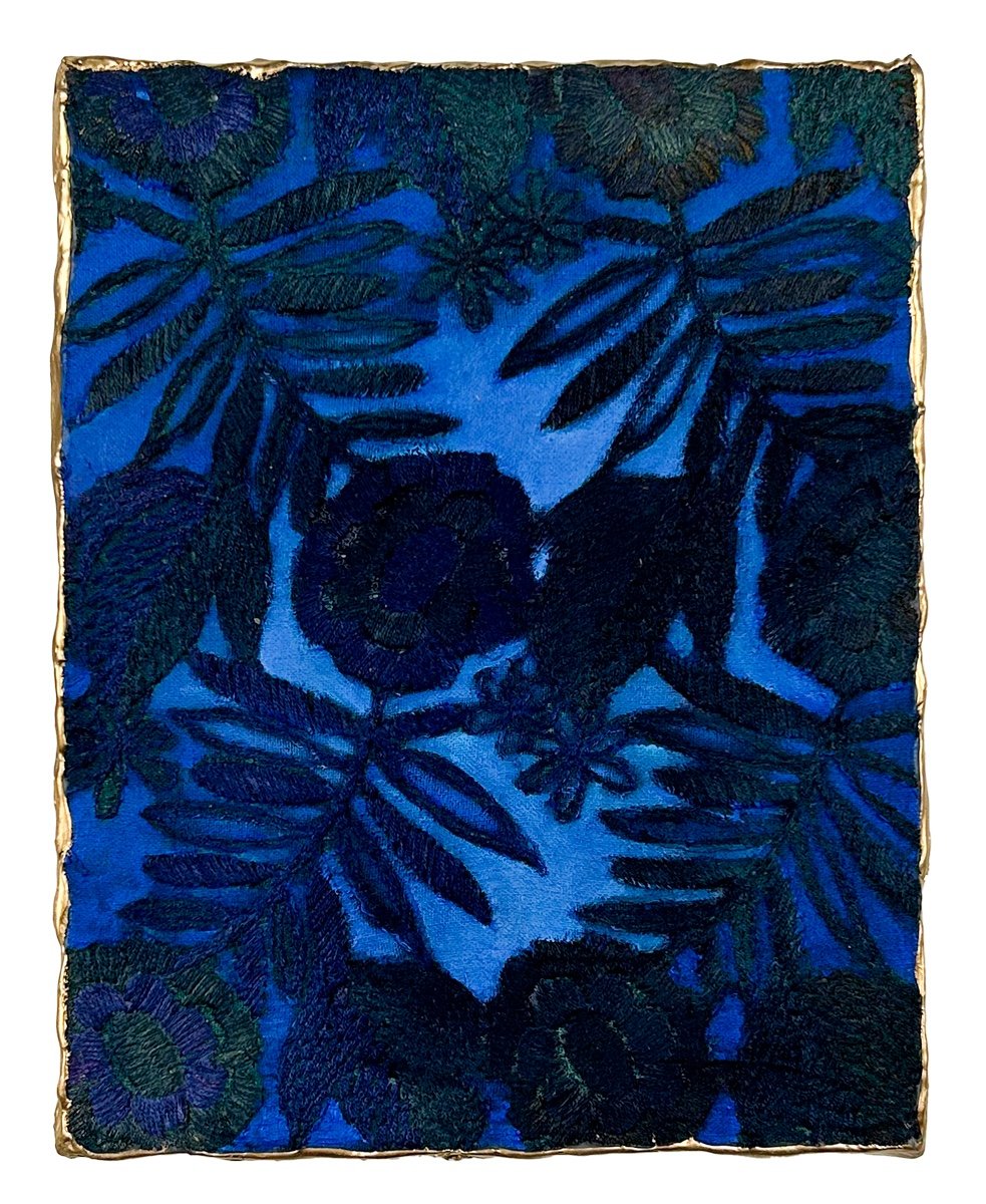 Natasha Zupan - Afterglow #39, mixed media collage with fabric, floral patterns in deep dark blue