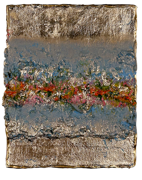 Natasha Zupan - Afterglow #20, mixed media collage with thick textured paint and gold