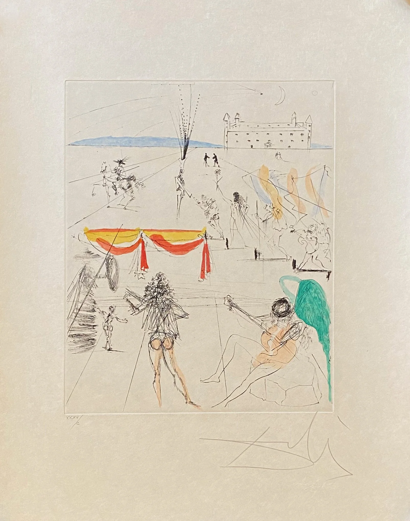Salvador Dalí  Santiago of Compostella, original etching, figures standing in a circus like scene with distant building and blue mountain