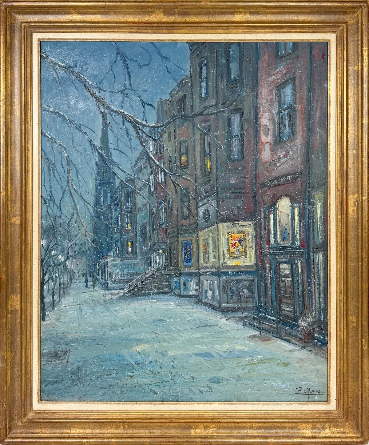 Bruno Zupan -  Newbury Street, Boston, framed impressionist style oil painting of Galerie d'Orsay on Newbury Street in a snow storm