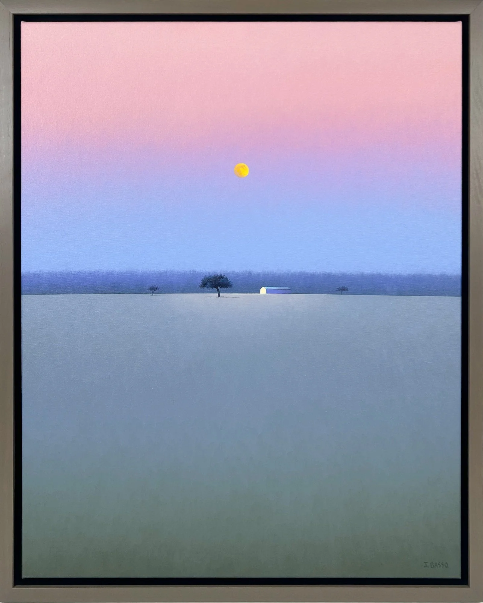 José Basso Cerca de San Francisco, oil painting of a pink to blue ombre sky with white house and tree in center