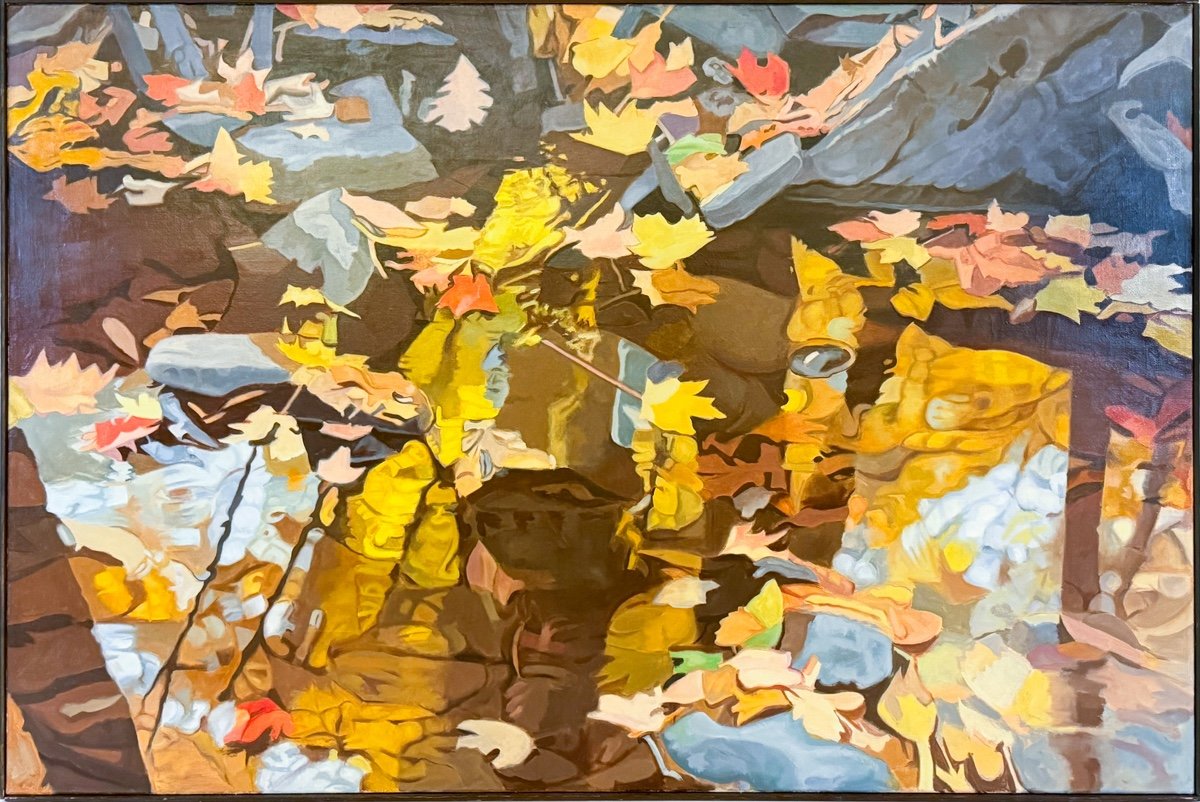 Ralph Wickiser Floating Leaves, abstract oil painting of autumn color leaves floating on a brown river stream with grey rocks