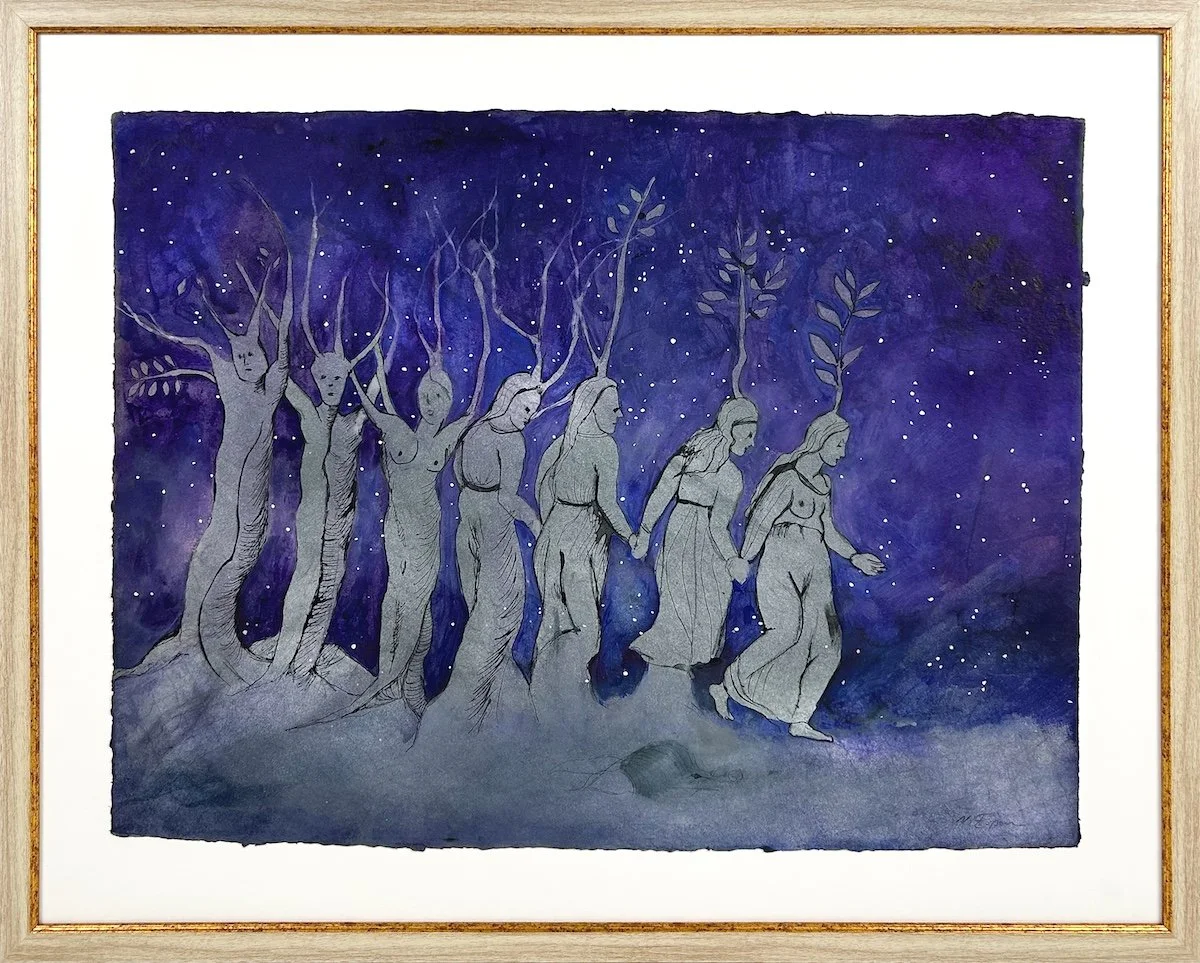Natasha Zupan - Afterglow #41, purple galaxy sky with a tree transforming becoming human woman figure walking forward holding hands