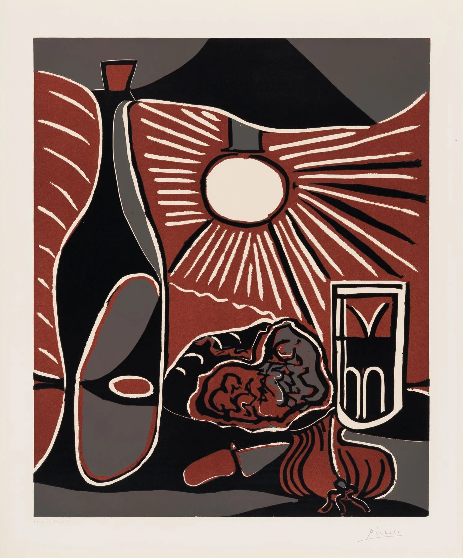 Pablo Picasso  Nature Morte aux Casse-Croute I, abstract linocut of a bottle, glass, bread, onion, and knife on a table with a light overhead, burgundy, grey, black, white