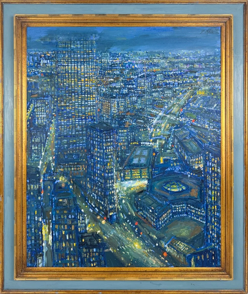 Bruno Zupan, Boston at Night - impressionist oil painting night scene of boston city downtown