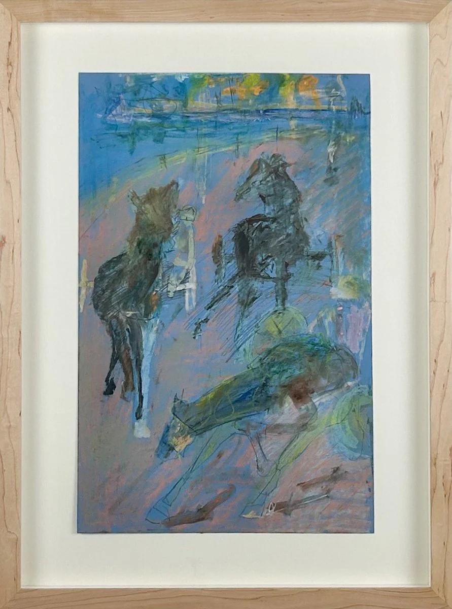 Untitled Figure Study (266D-61), abstract figurative study of three horses on blue paper, shades of grey, yellow, peach and white