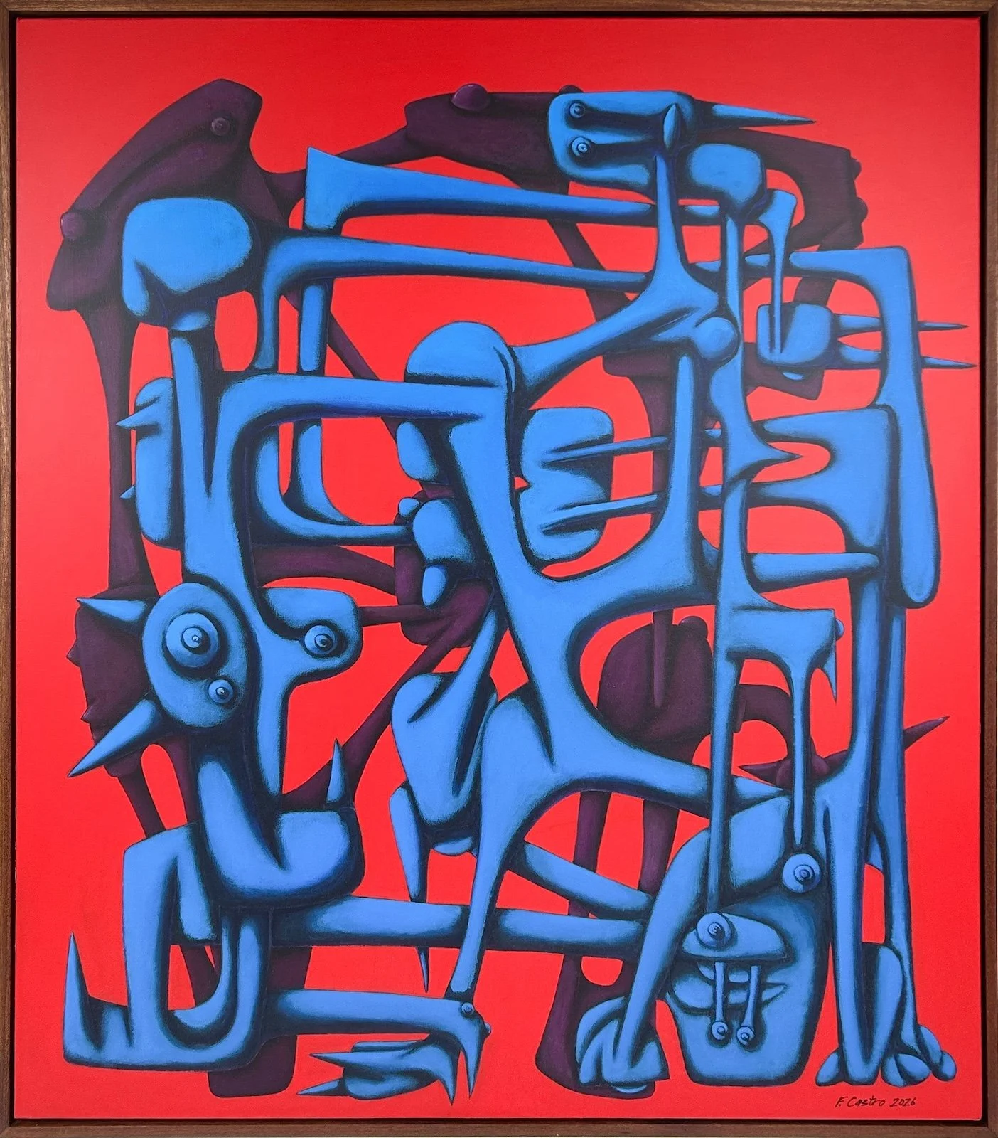 Fermin Castro  Celebración de los Orishas, Abstract composition of interconnected blue, biomorphic forms with elongated limbs and circular details against a vivid red background.