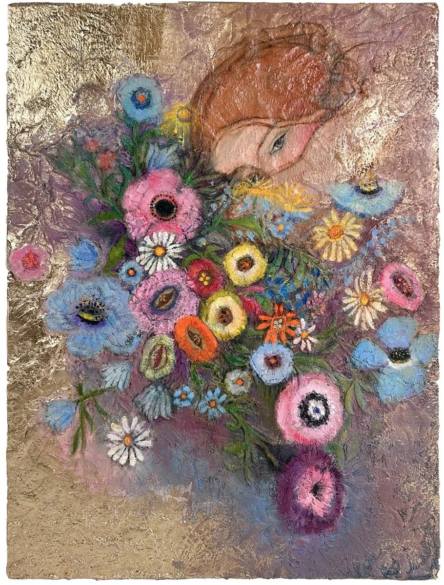 Natasha Zupan - Afterglow #4, mixed media collage with gold, colorful flower bouquet in center with the top of a woman's head