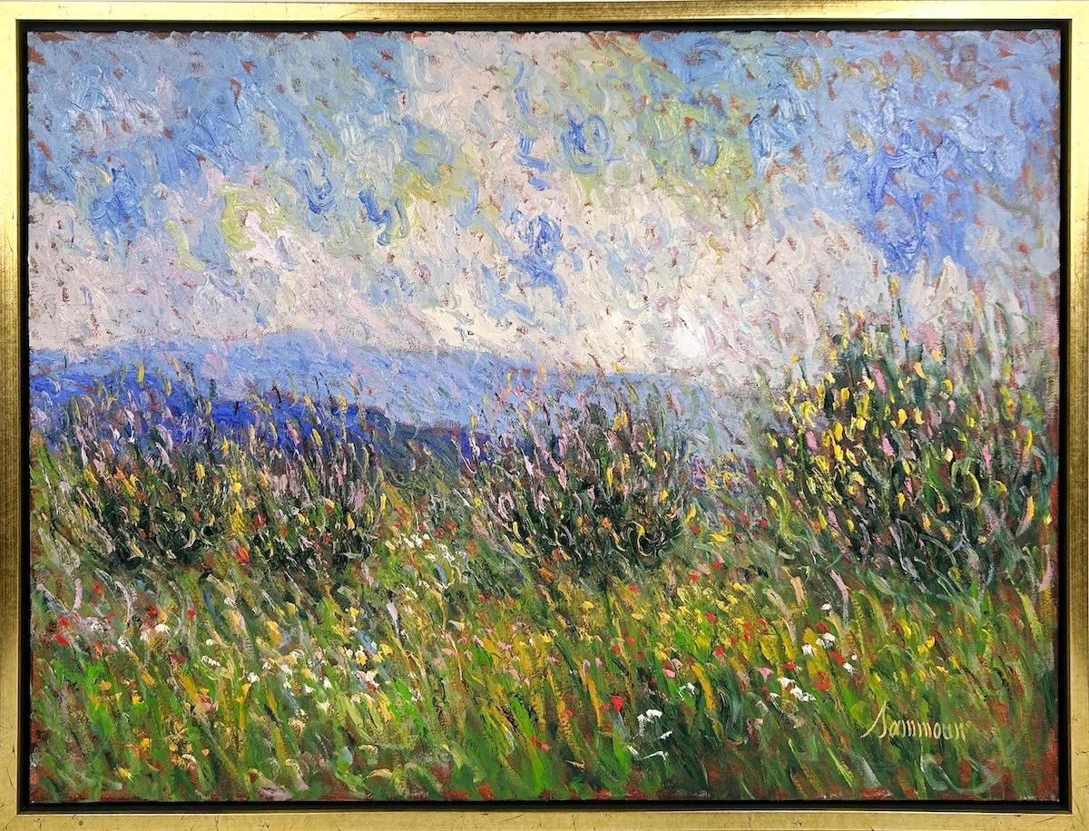 Samir Sammoun  Wild Beauty with Pink and Yellow, impressionist oil painting of a field of tall grass and wild flowers in the sun and blue skies