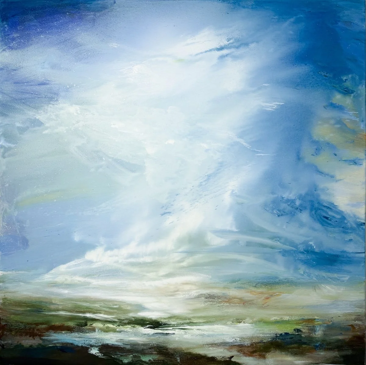 kathy buist, above the silence, abstract atmospheric landscape tall white clouds and blue sky above a horizon of white, brown and green