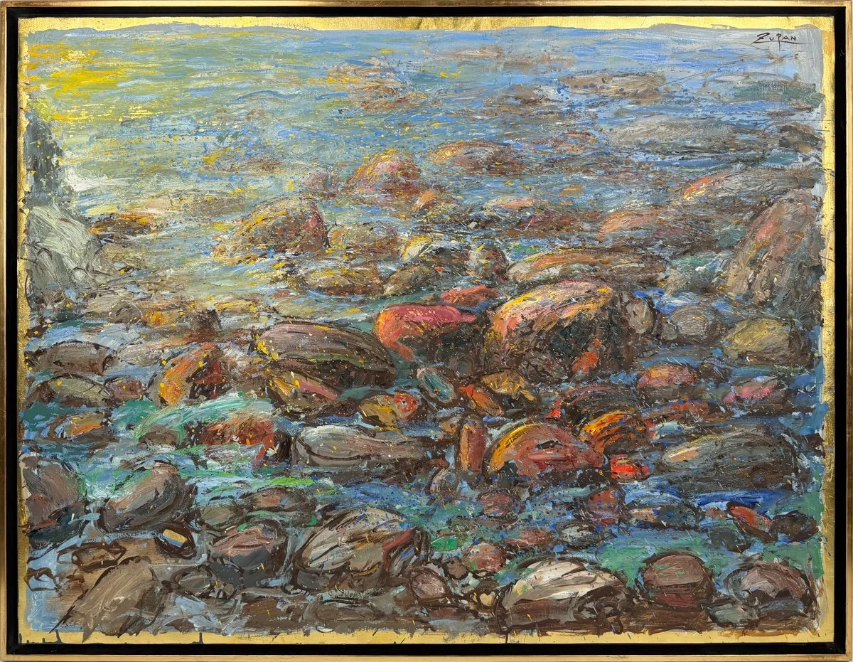 Bruno Zupan Mediterranean Shore, impressionist style oil painting of rocks and see on a Mediterranean Shore