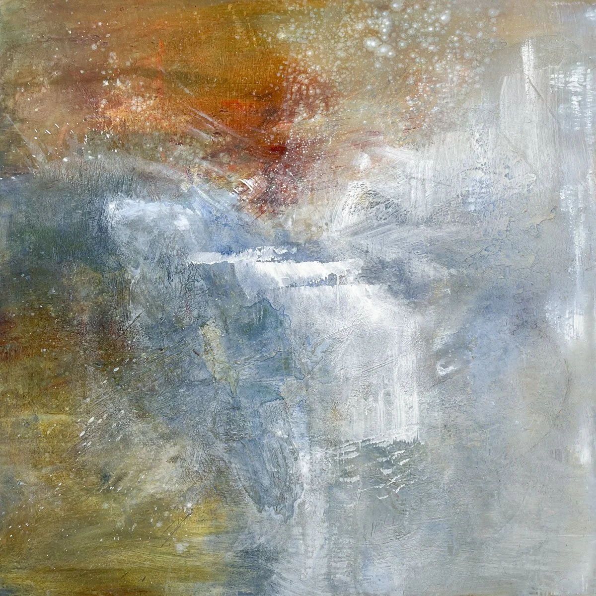 Kathy Buist Cascading, atmospheric abstract painting, washes of blue, white and grey over earthy reds and greens, spatter