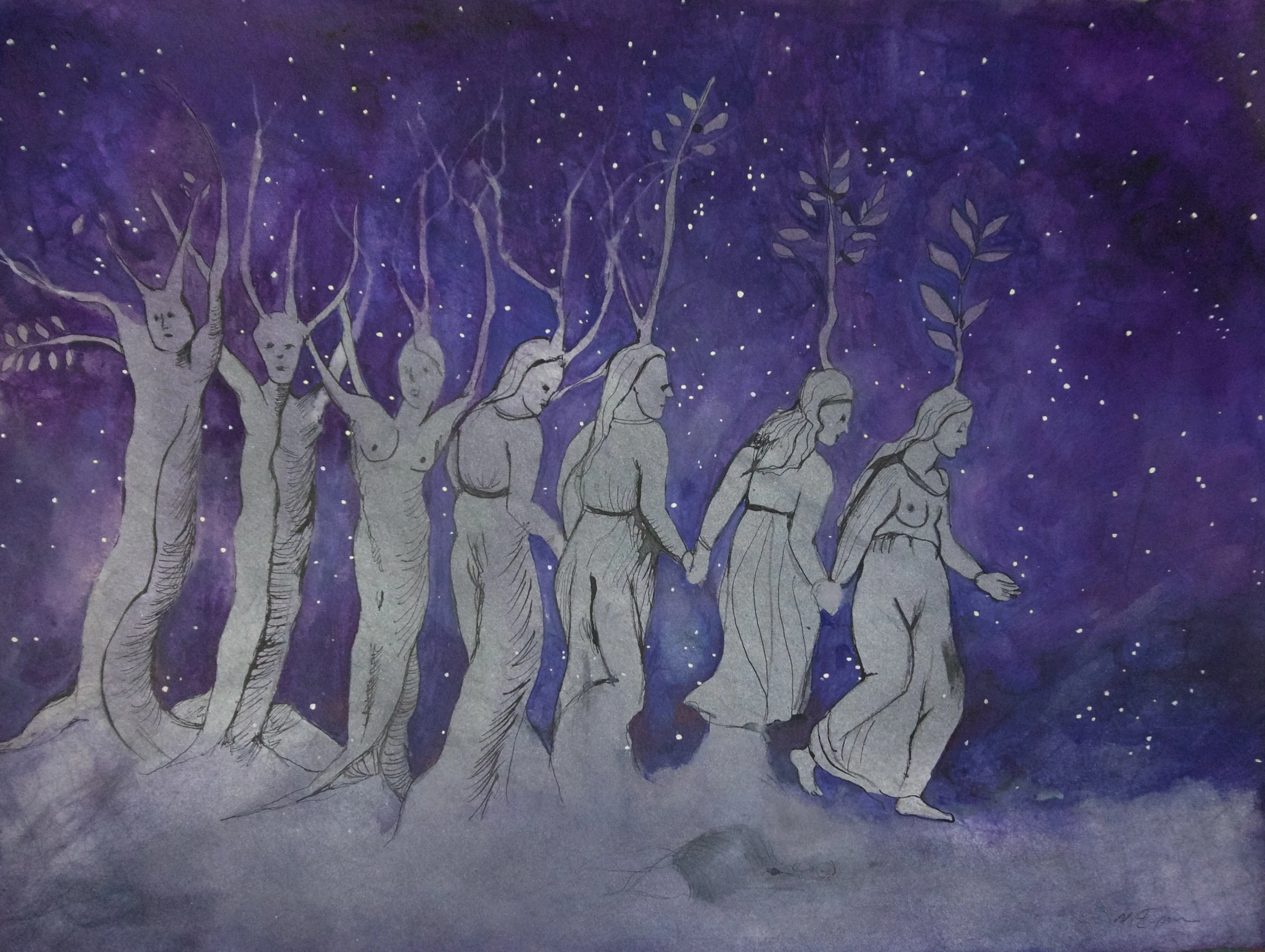 Natasha Zupan - Afterglow #41, purple galaxy sky with a tree transforming becoming human woman figure walking forward holding hands