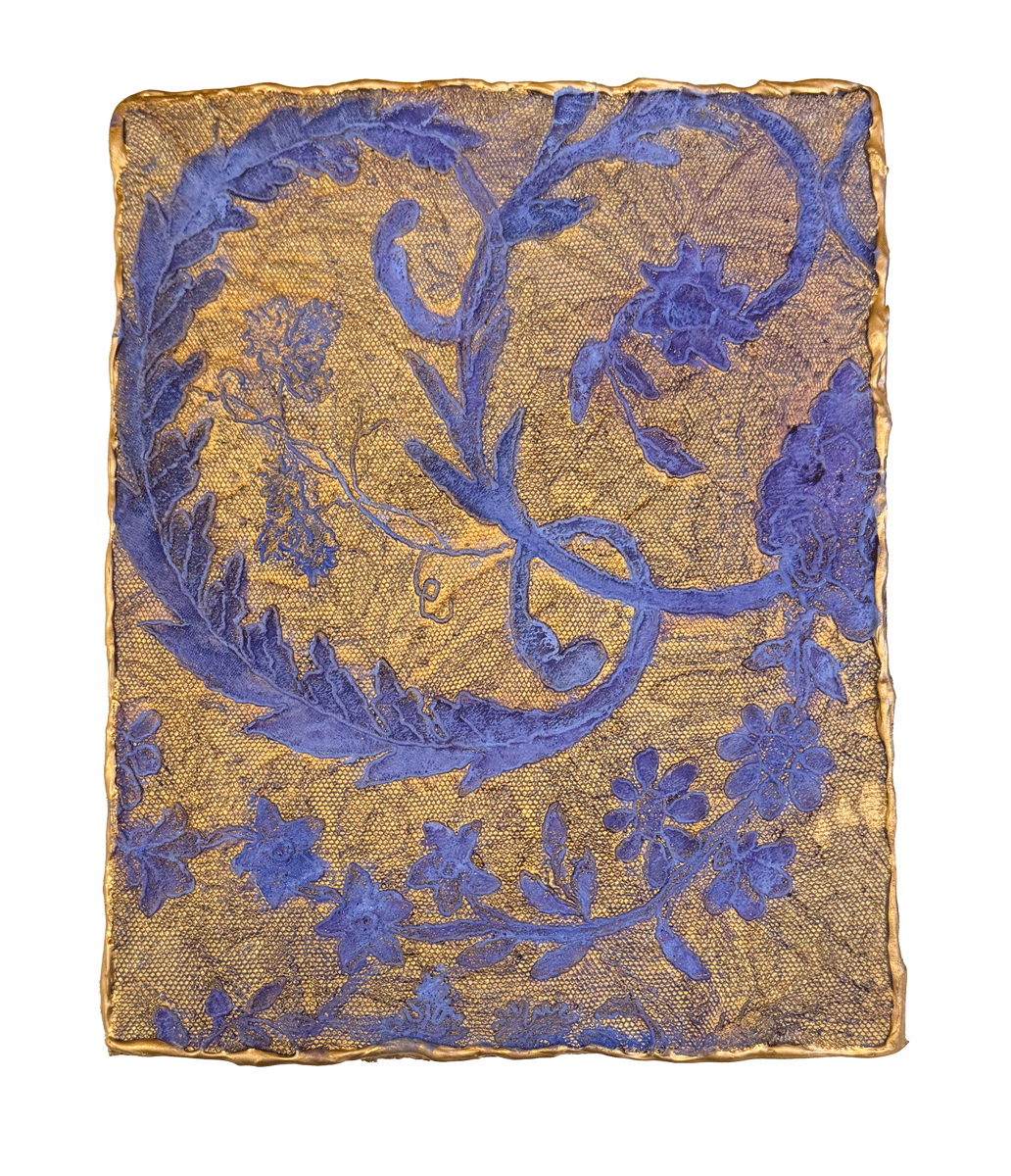 Natasha Zupan - Afterglow #52, mixed media collage with gold, fabric, floral patterns and thick texture