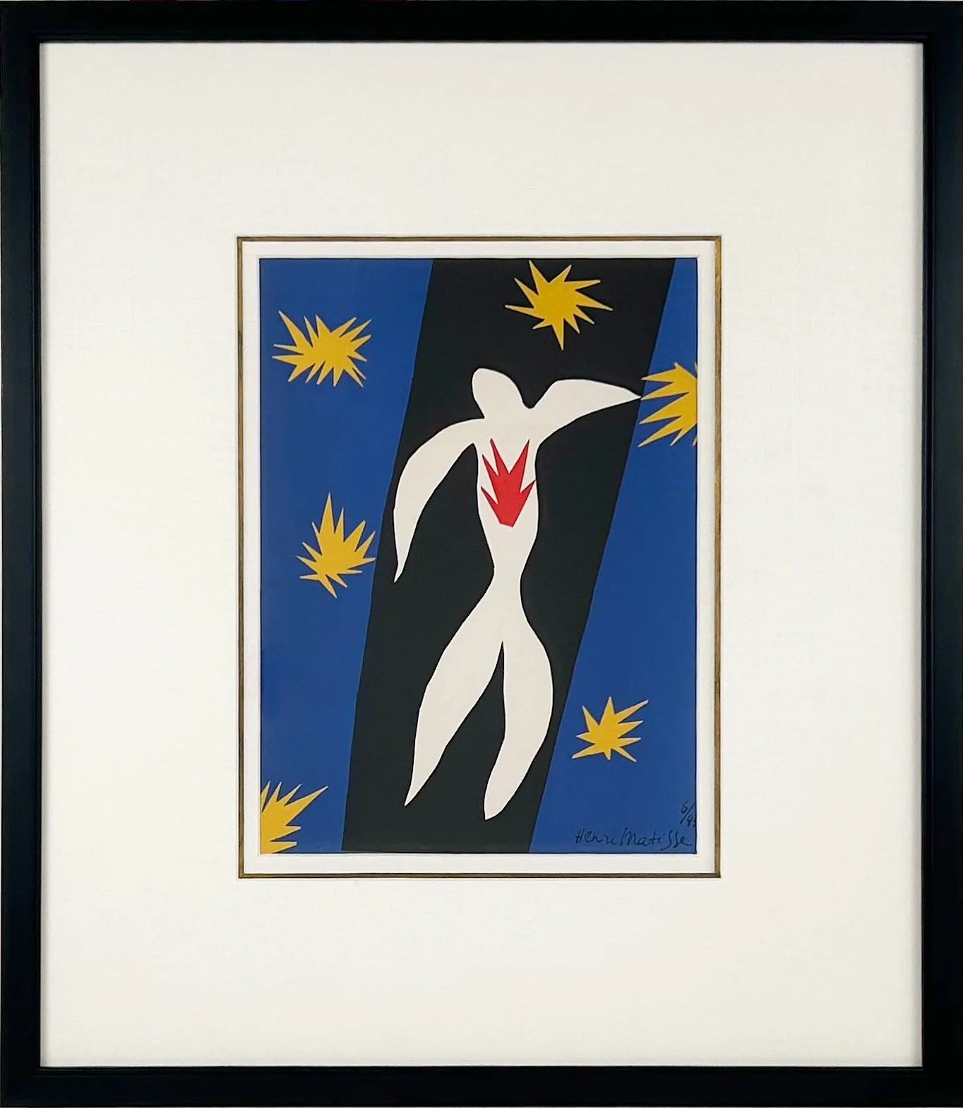 Henri Matisse The Fall of Icarus, framed linoleum engraving of a white figure with red star on chest falling through black striped between blue with yellow stars