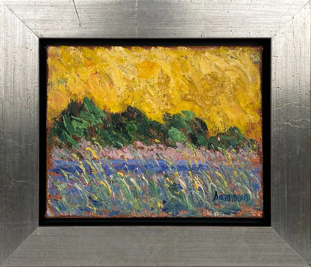 Samir Sammoun Soleil de etude impressionist style lanscape scene with green trees yellow sky and blue foreground
