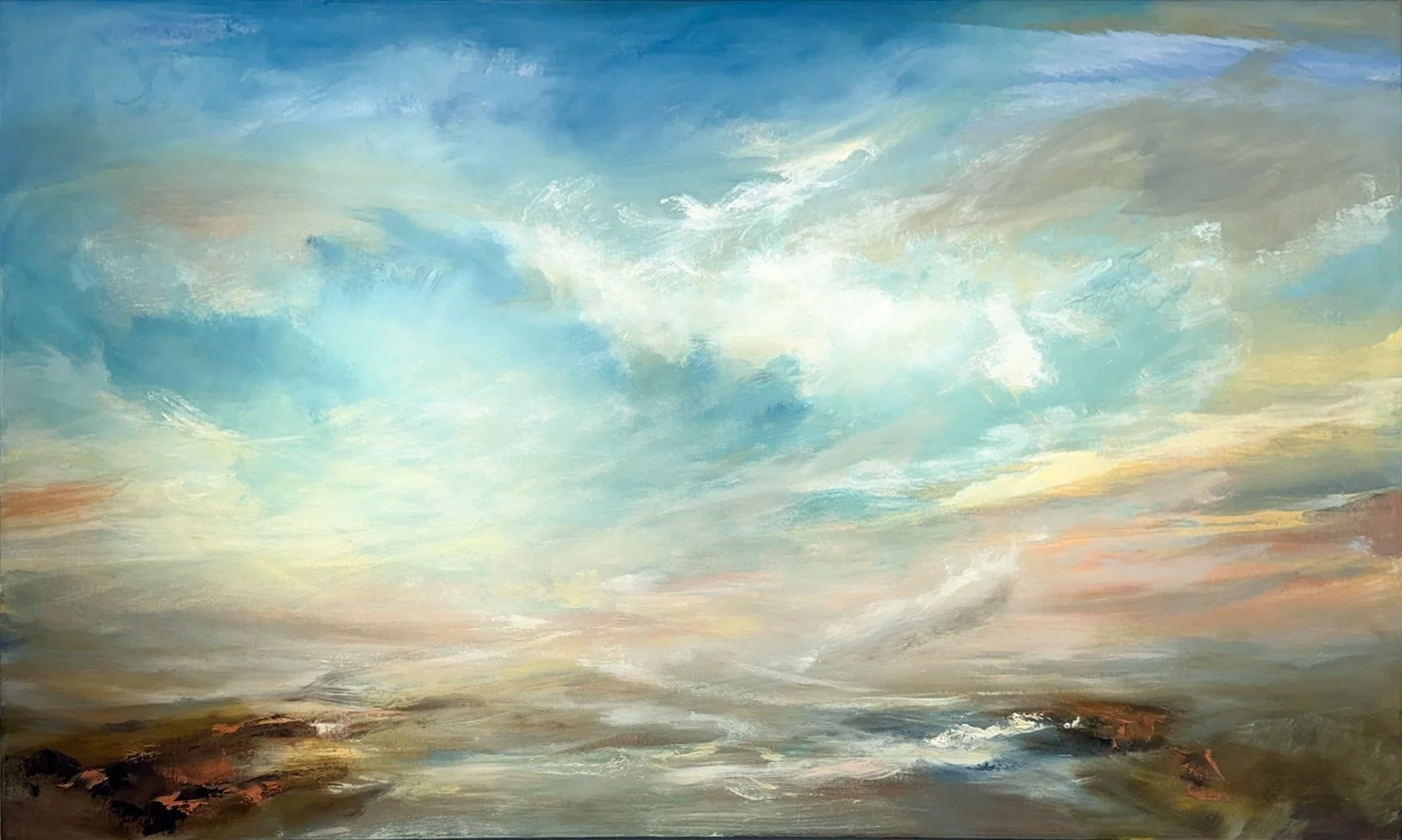 Kathy Buist  Ocean Memory, abstract landscape painting with sunny sky and wispy clouds