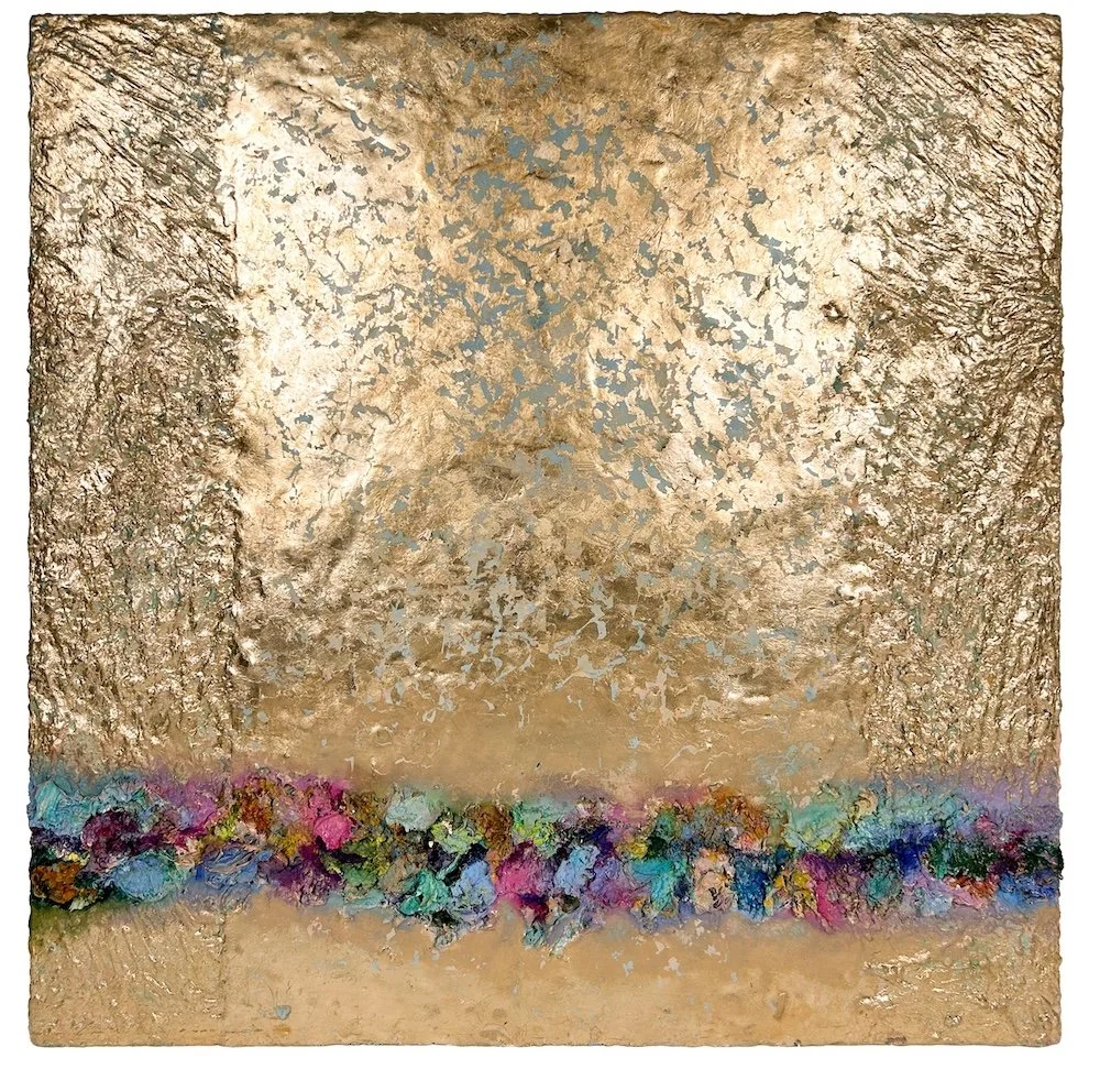 Natasha Zupan - Afterglow #2, mixed media on wood collage with gold encaustic and a strip of thick texture paint color