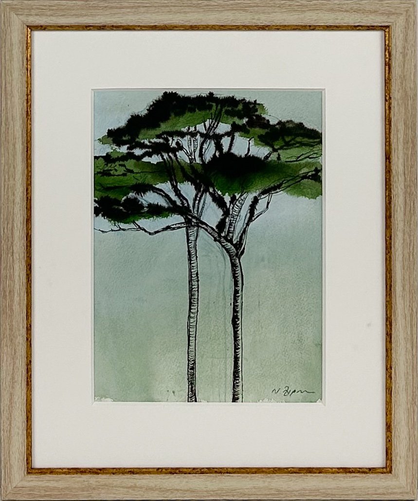 Natasha Zupan Afterglow #49, ink on paper drawing of a tall tree pair