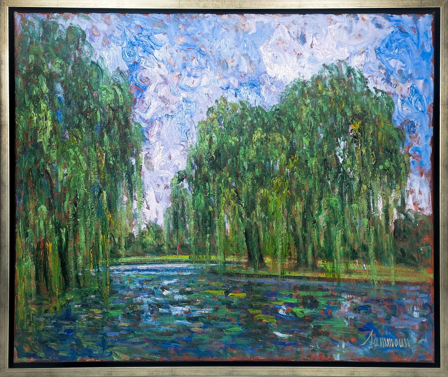 Samir Sammoun Trouno, 6, Country Club de Montreal impressionist style oil painting of gold course grounds with pond and willow trees