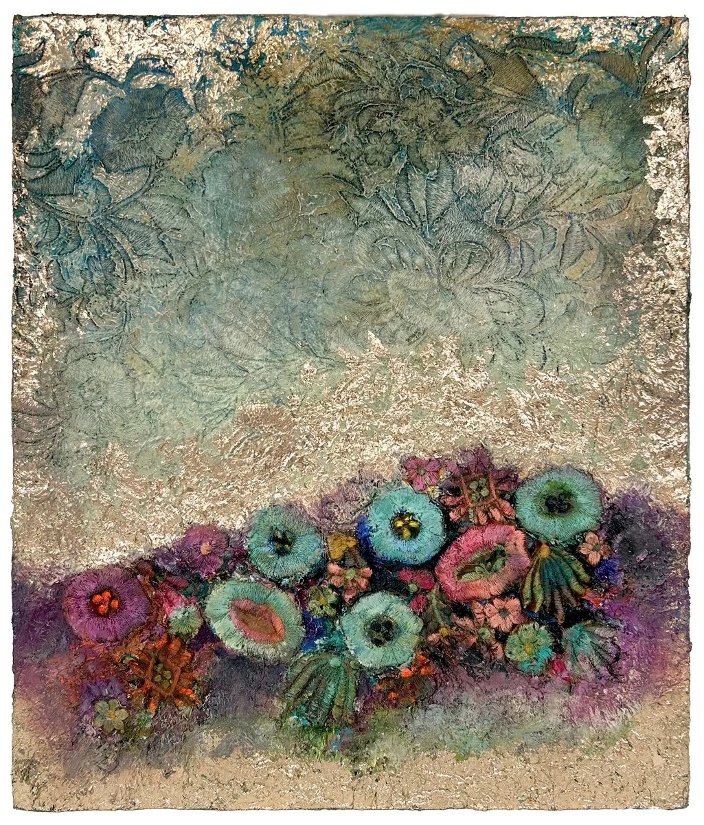 Natasha Zupan - Afterglow #8, mixed media collage on wood with floral pattern fabric and paint added, white gold shimmer
