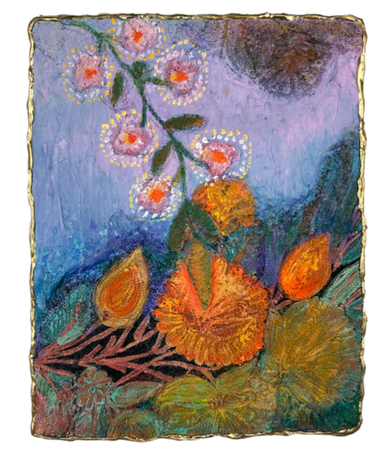 Natasha Zupan - Afterglow #67, mixed media collage with gold, fabric, floral patterns and thick texture