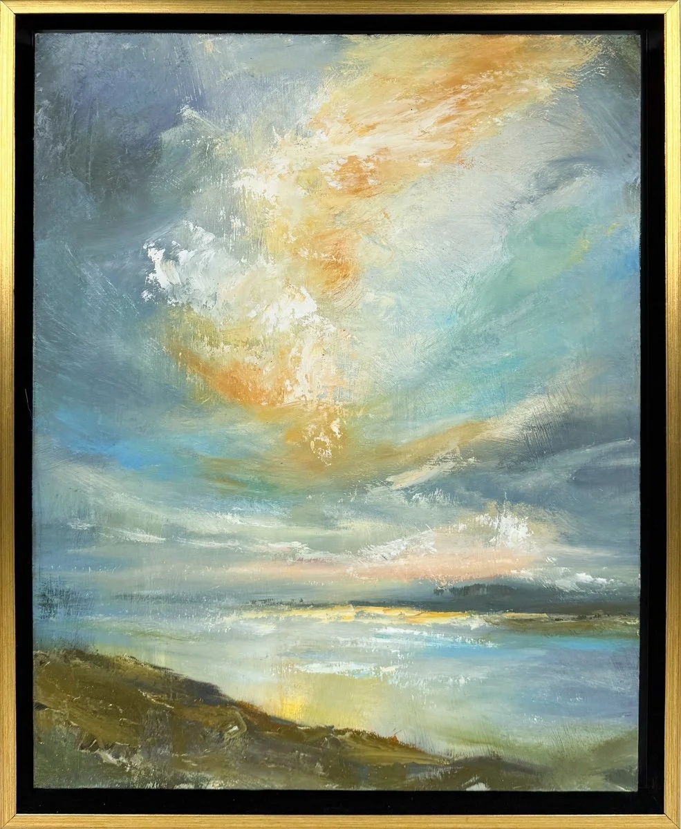 Kathy Buist, Before Dusk in Maine , abstracted atmospheric landscape, orange-white clouds rising from low horizon with hills in distance, water and land in foreground