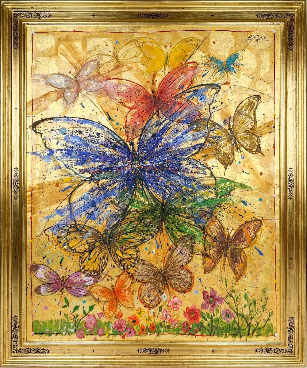 Bruno Zupan, Butterflies on Gold Leaf, gold leaf and oil painting of a rainbow assortment of butterflies
