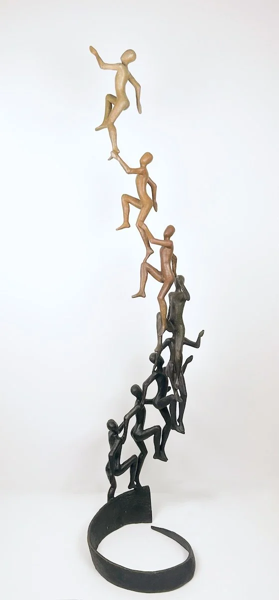 Tolla, Sky is No Longer the Limit, bronze sculpture of many abstract figures climbing up in a spiral, darker color at bottom and lighter at top