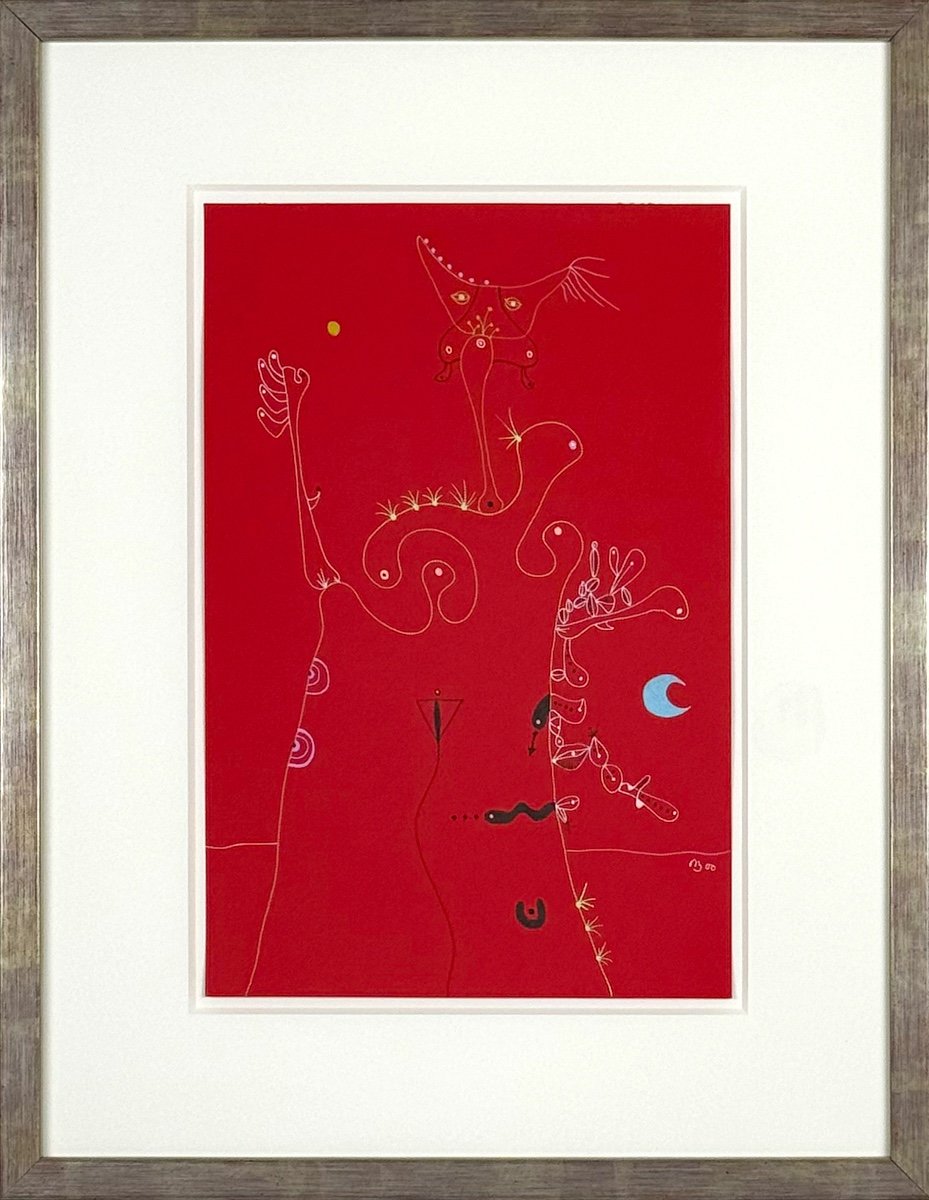framed white line drawing on red paper