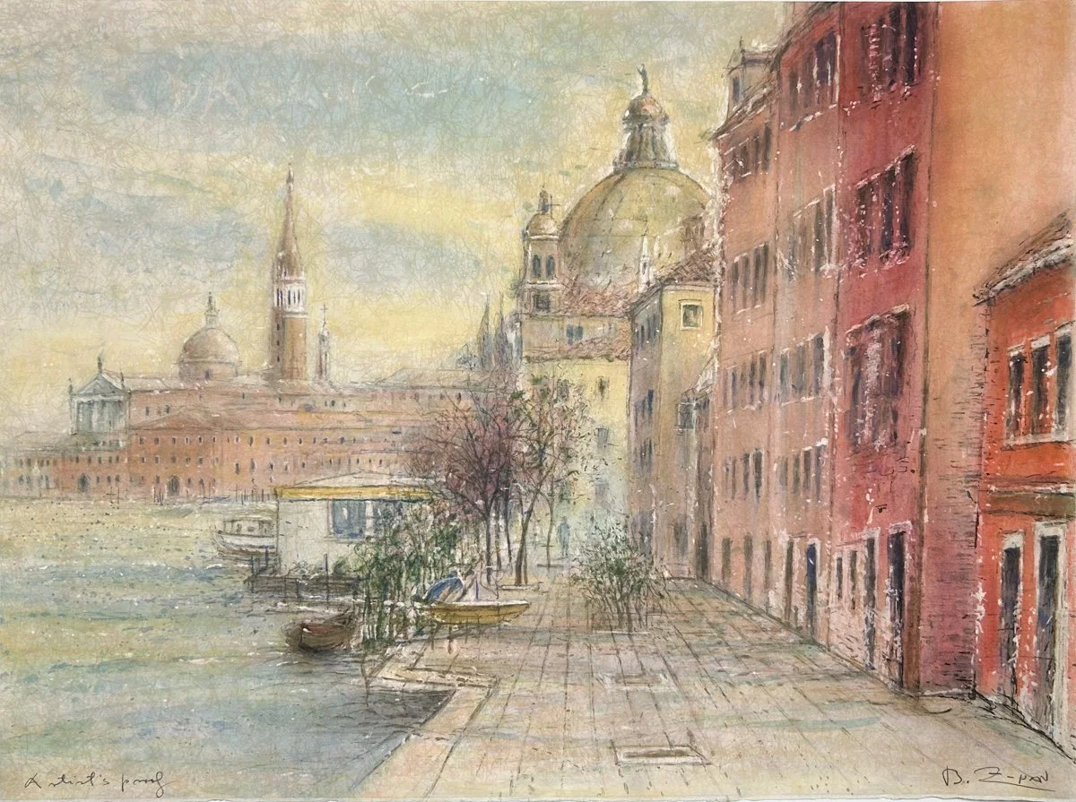 Bruno Zupan Venice, October Morning, lithograph, scene of a street by the water in Venice