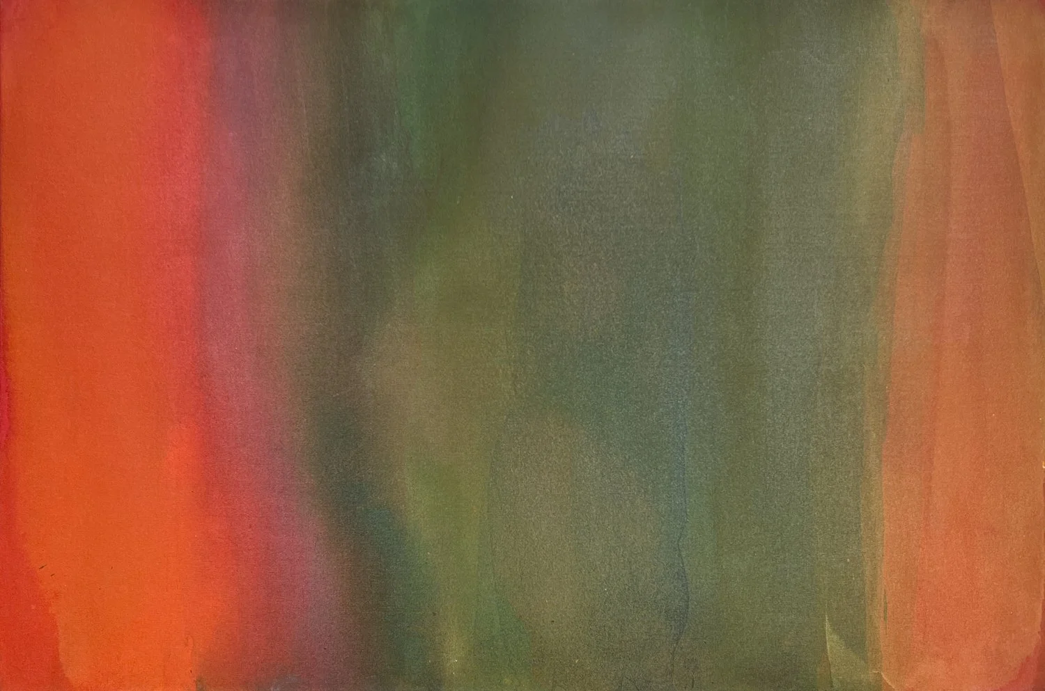 Susan Coley, inner garden, abstract colorfield composition, washes of red and green in vertical stripes