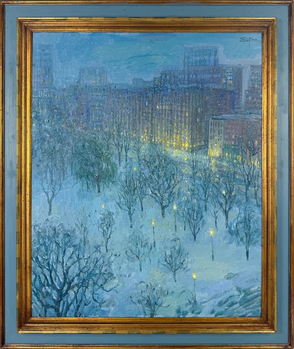 Bruno Zupan Arlington Street, Boston - impressionist oil painting of night winter scene view of arlington street in boston with public garden