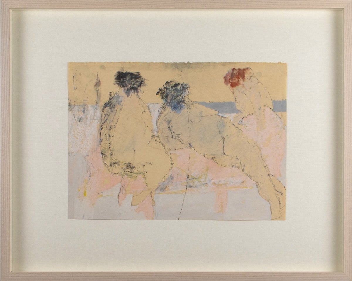 Stanley Boxer Untitled Figure Study (293D-61) framed, abstract figure study of full figure women laying on the beach done in mixed media on tan paper