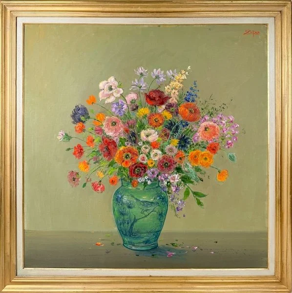Bruno Zupan Poppies in Bird Vase, impressionist oil painting of bouquet of multicolor poppies in a bird vase