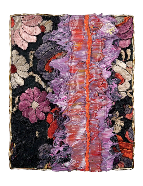 Natasha Zupan - Afterglow #21, mixed media collage with fabric, floral patterns and thick textured paint